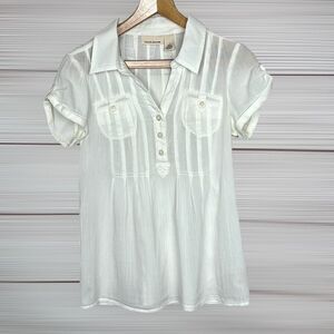 DKNY Jeans Off White Blouse Top Roll Tab Short Sleeves Half Button Front V-neck